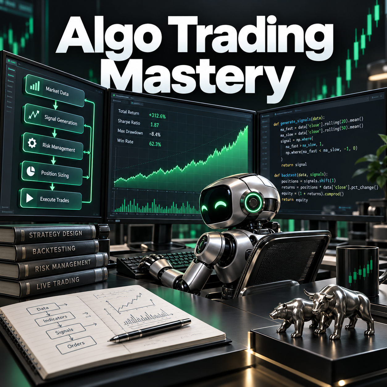 Algo Trading Mastery course cover with a trading bot, strategy blocks and backtest chart