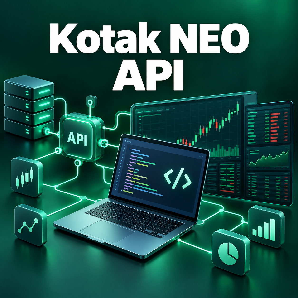 Kotak NEO API course cover with connected API nodes and a coding laptop