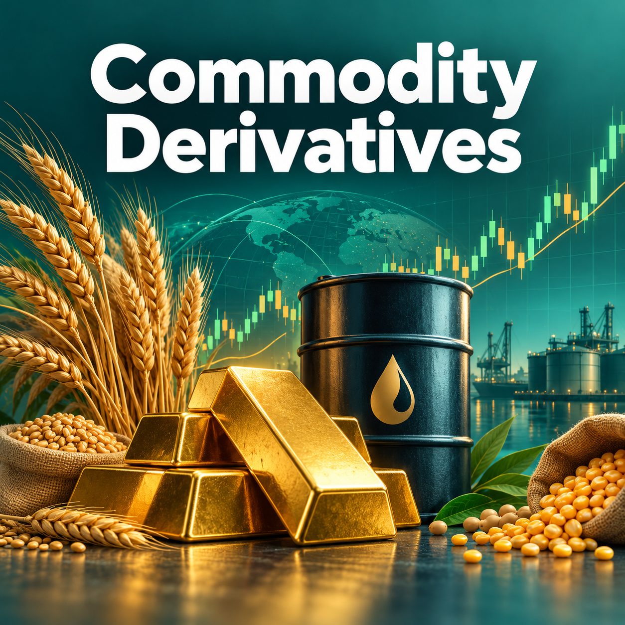 Commodity Derivatives course cover featuring gold, wheat and a futures chart