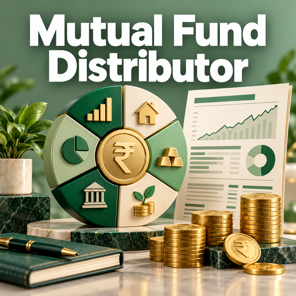 Mutual Fund Distributor course cover with rupee coins, a fund allocation chart and factsheet