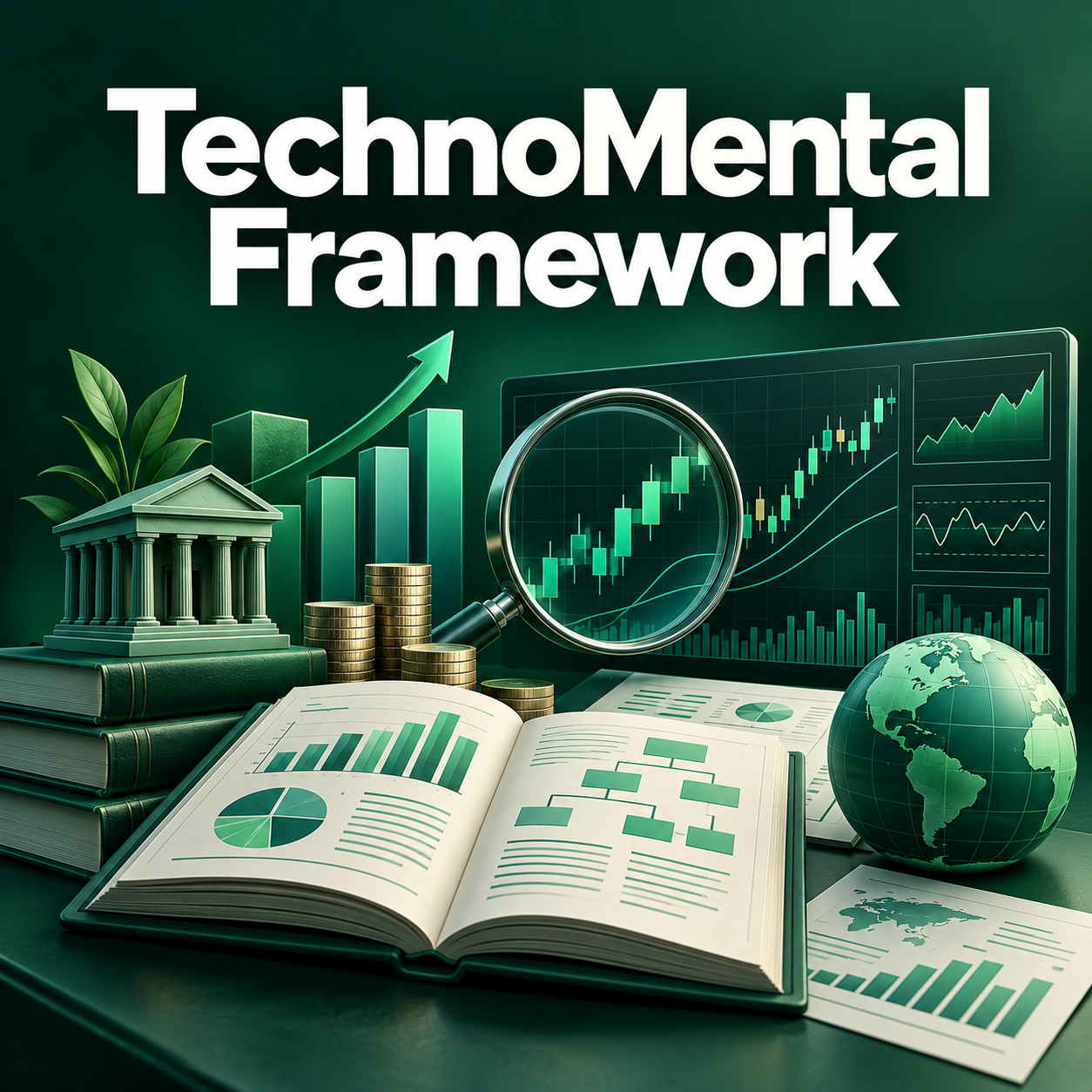 TechnoMental Framework course cover with company research and stock charts