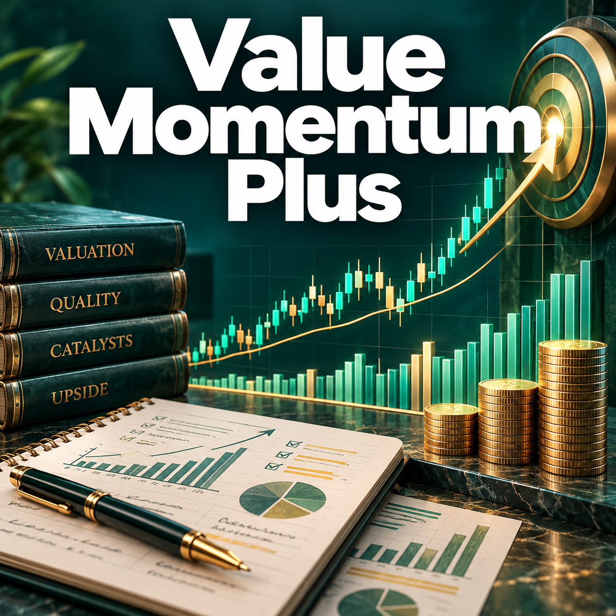 Value Momentum Plus course cover with a momentum breakout chart and volume bars