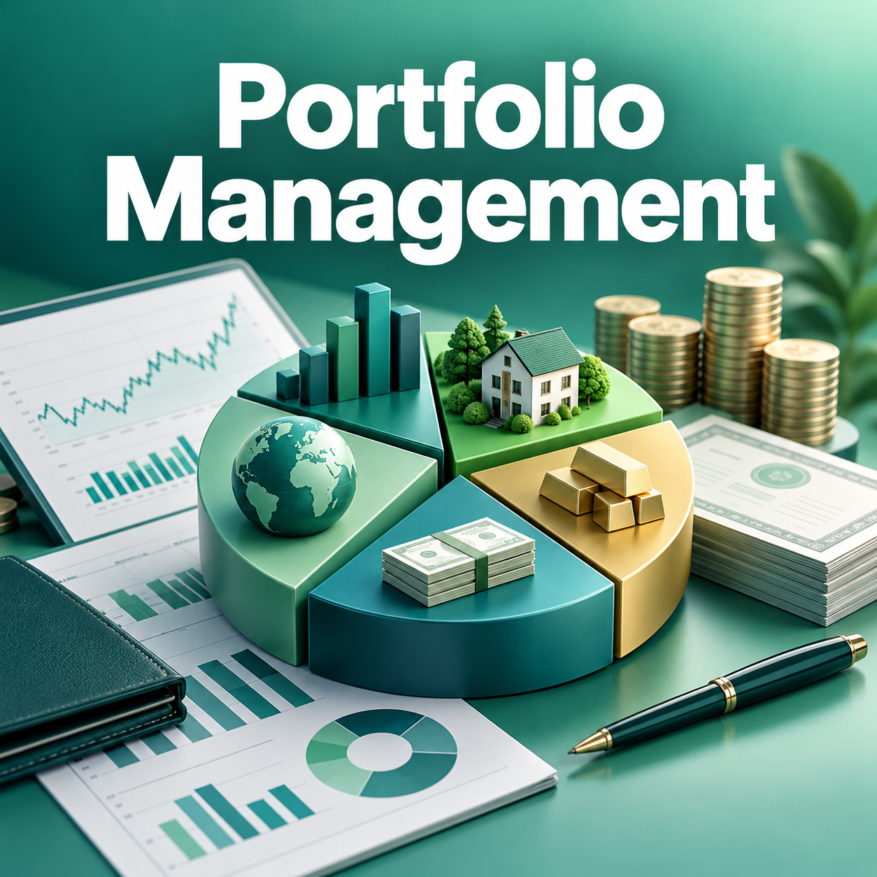 Portfolio Management course cover with an asset allocation chart and financial documents