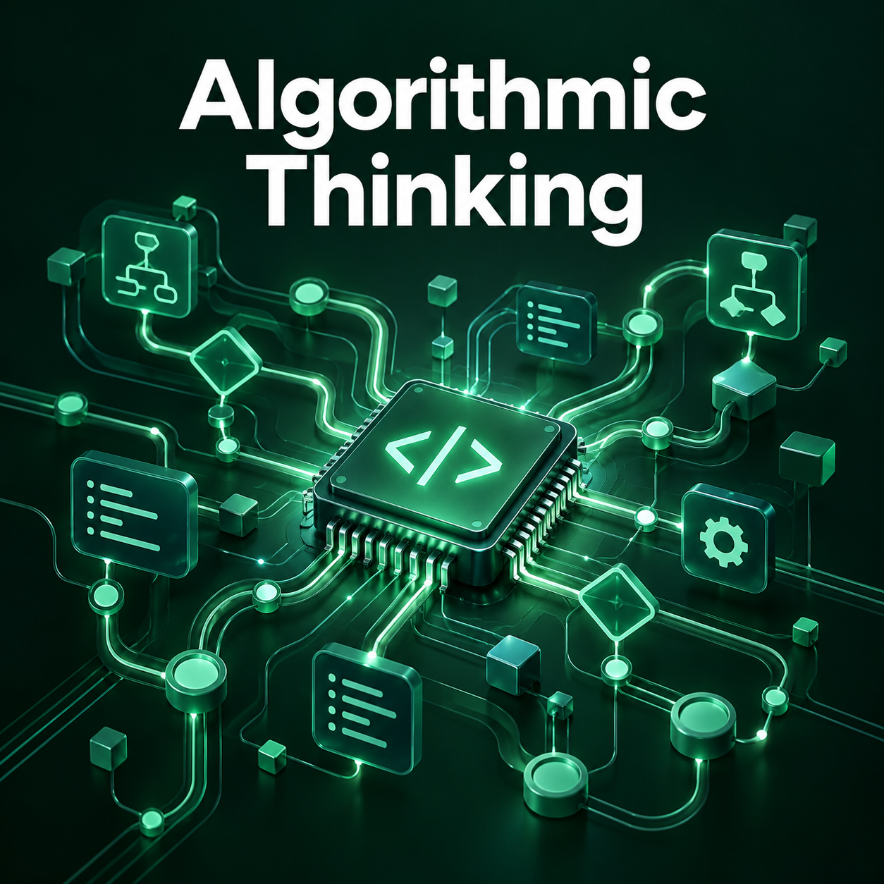 Dark emerald algorithmic thinking illustration with a microchip and connected decision nodes