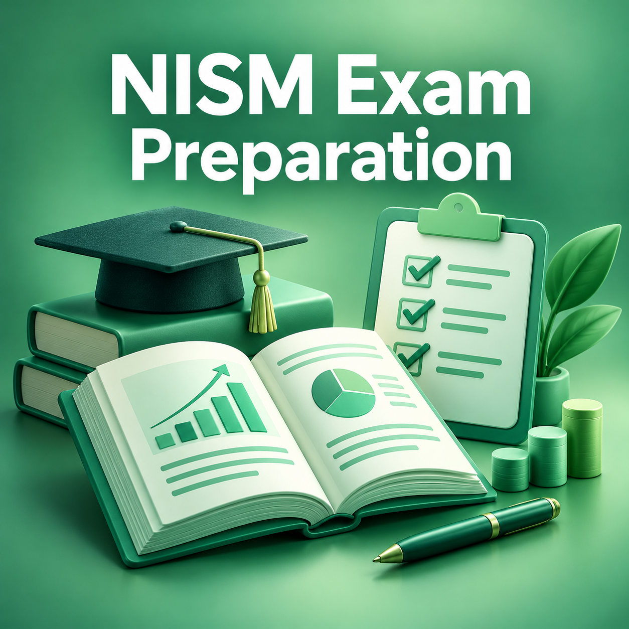 Mint green NISM exam preparation illustration with books, checklist and graduation cap